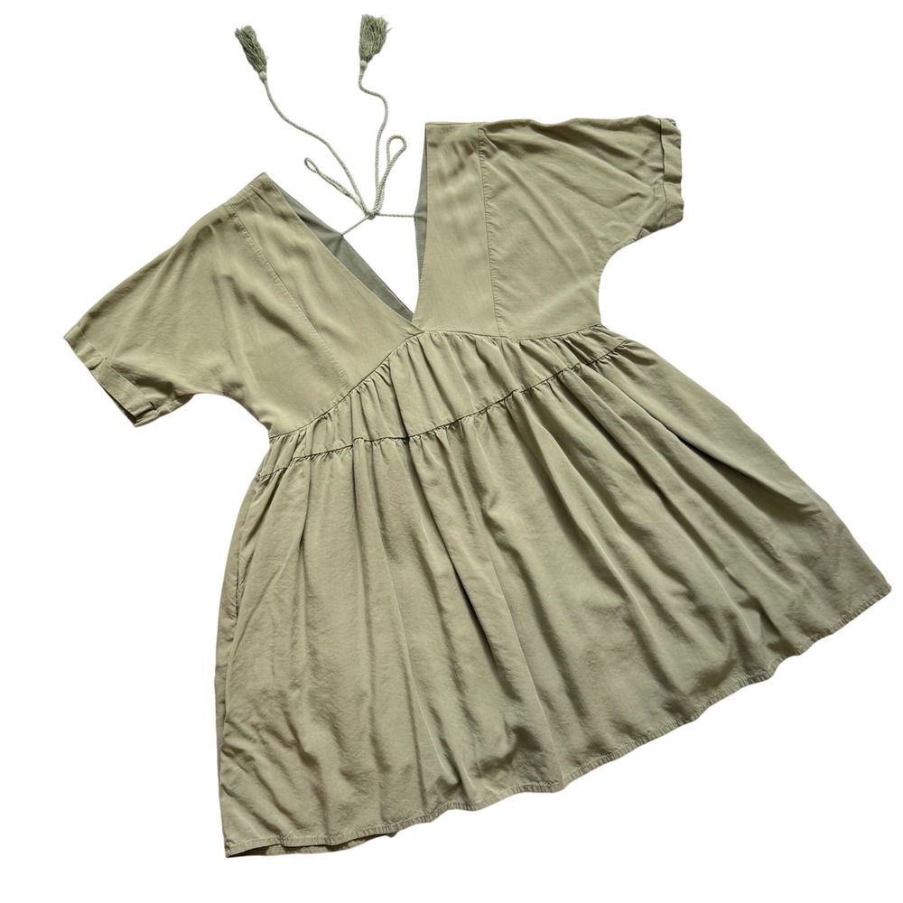 Sage Green Babydoll Mini Dress Deep V-Neck Back Tie Tassels Small Boho Beach